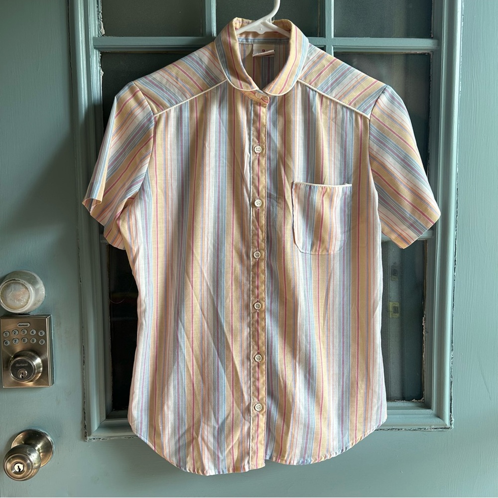 Vintage Wrangler Striped Colorful Button Up Short Sleeve Juniors 9 Women’s Small